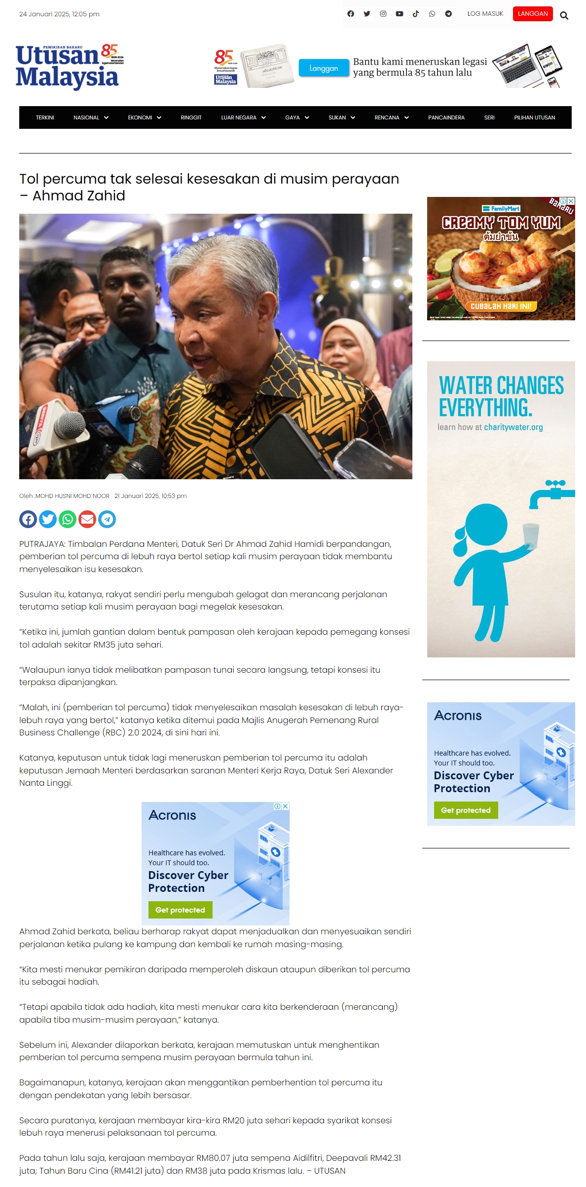 21 Januari 2025, Putrajaya - Tol percuma tak selesai kesesakan di musim perayaan – Ahmad Zahid (Utusan Malaysia Online)